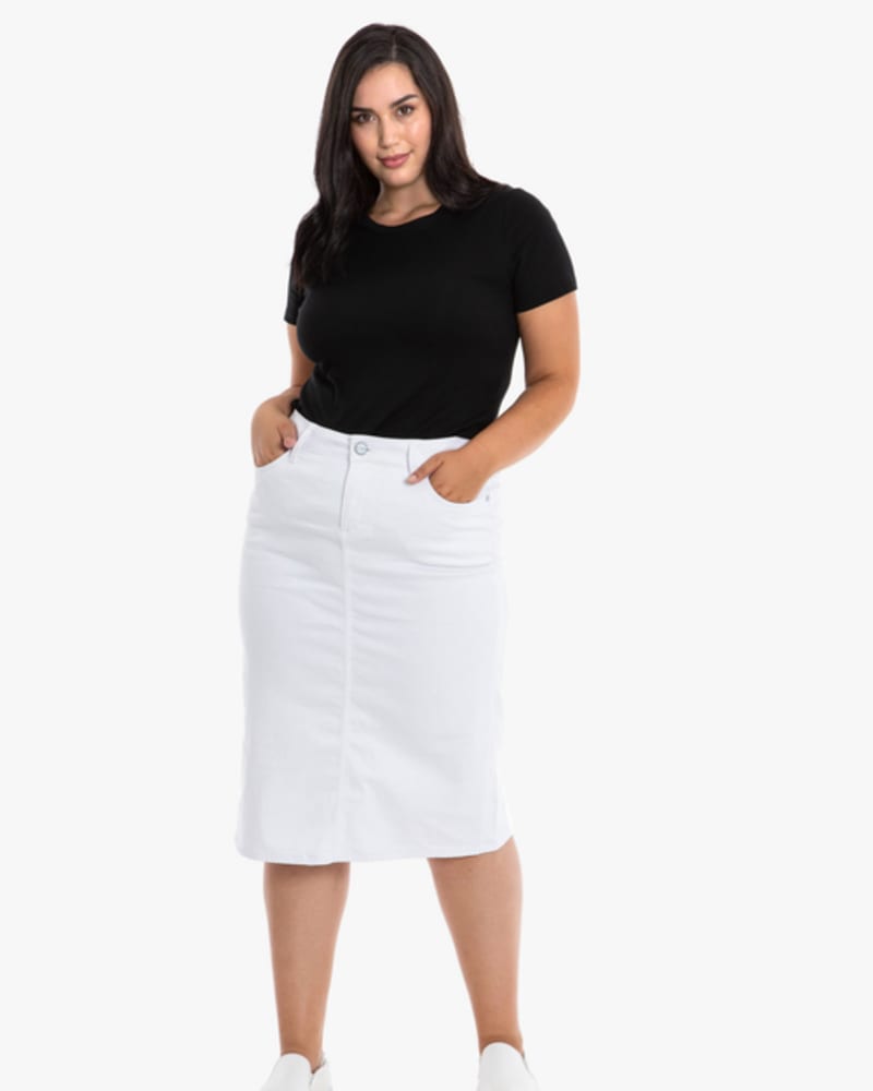 Front of a model wearing a size 14 Savanna Jean Skirt in WHITE by Slink Jeans. | dia_product_style_image_id:256303